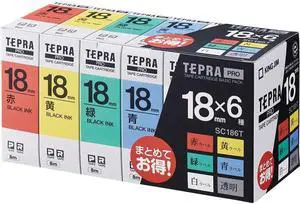 King Jim SC186T Tepra PRO Tape Cartridge, Basic Pack, 0.7 inches (18 mm), 6 Pieces (Red, Yellow, Green, Blue, White, Transparent, Black Letters), Length 22.8 ft (8 m) King Jim SC186T Tepra PRO Tape Cartridge, Basic Pack, 0.7 inches (18 mm), 6 Pieces (Red, Yellow, Green, Blue, White, Transparent, Black Letters), Length 22.8 ft (8 m)