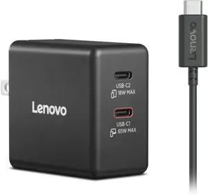 Lenovo Dual USB-C 65W GaN Charger, 2 USB-C Ports, for Laptops/Tablets & Phones & More, Compact Size, Foldable Plug, Includes 1.5m USB C Cable, Model/Type: CC65, Black Lenovo Dual USB-C 65W GaN Charger, 2 USB-C Ports, for Laptops/Tablets & Phones & More, Compact Size, Foldable Plug, Includes 1.5m USB C Cable, Model/Type: CC65, Black