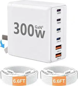 300W USB C Laptop Charger with 2 USB Cables 6Port Dual 100W Charging Block 300W USB C Laptop Charger with 2 USB Cables 6Port Dual 100W Charging Block