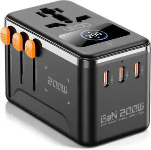 Max 200W GaN Universal Travel Adapter with Smart Display for Europe UK Max 200W GaN Universal Travel Adapter with Smart Display for Europe UK