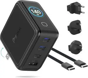 Gansta 140W USB-C GaN Laptop World Charger, 4-Port (3 USB-C + 1 USB-A), PD 3.1 140W, Smart LCD Display, MacBook Pro 16" Travel Charger + EU/UK/AU Adapters, Braided Cable & Pouch Gansta 140W USB-C GaN Laptop World Charger, 4-Port (3 USB-C + 1 USB-A), PD 3.1 140W, Smart LCD Display, MacBook Pro 16" Travel Charger + EU/UK/AU Adapters, Braided Cable & Pouch