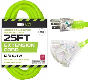 Iron Forge Cable 12 Gauge Extension Cord 25 ft 3 Outlet Pigtail, 12/3 Heavy Duty Extension Cord with Multiple Outlets 3 Prong, SJTW Neon Green Outdoor Power Cable for Major Appliances, 15 AMP Iron Forge Cable 12 Gauge Extension Cord 25 ft 3 Outlet Pigtail, 12/3 Heavy Duty Extension Cord with Multiple Outlets 3 Prong, SJTW Neon Green Outdoor Power Cable for Major Appliances, 15 AMP