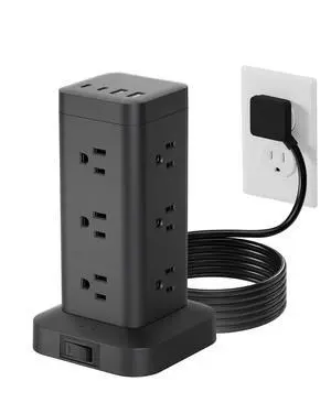 Tower Power Strip with PD 30W Fast-Charging Port, 12 Outlets, 4 USB Ports (2 USB-C), 1800J Surge Protector, Charging Station for Multiple Devices,15FT Extension Cord, Black, Home Office Essentials Tower Power Strip with PD 30W Fast-Charging Port, 12 Outlets, 4 USB Ports (2 USB-C), 1800J Surge Protector, Charging Station for Multiple Devices,15FT Extension Cord, Black, Home Office Essentials