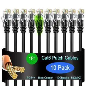 Lysymixs Cat6 Ethernet Patch Cable 1 ft (10 Pack), Cat6 Patch Cable 26AWG Pure Copper for Data Centers, Cat 6 Patch Cable 10G, Network Patch Cables for Home and Enterprise Network -Black Lysymixs Cat6 Ethernet Patch Cable 1 ft (10 Pack), Cat6 Patch Cable 26AWG Pure Copper for Data Centers, Cat 6 Patch Cable 10G, Network Patch Cables for Home and Enterprise Network -Black