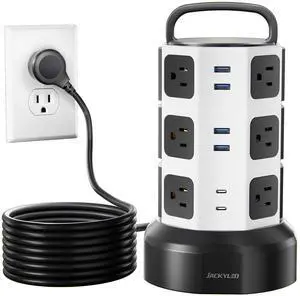 JACKYLED Power Strip Tower Surge Protector, 12 AC 6 USB (2 USB C), 1050J | Retractable Extension Cord with Multiple Outlets, 1625W/13A Outlet Extender, USB Charging Station for Home Office Dorm JACKYLED Power Strip Tower Surge Protector, 12 AC 6 USB (2 USB C), 1050J | Retractable Extension Cord with Multiple Outlets, 1625W/13A Outlet Extender, USB Charging Station for Home Office Dorm