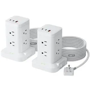 2Pack Power Strip Tower with Surge Protector 1800J, Fast Charging Tower PD20W USB-C Ports with 8 AC Outlets, 10ft Extension Cord for Home Office Dorm Room, White 2Pack Power Strip Tower with Surge Protector 1800J, Fast Charging Tower PD20W USB-C Ports with 8 AC Outlets, 10ft Extension Cord for Home Office Dorm Room, White