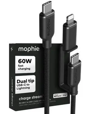 Mophie Charge Stream USB-C to USB-C 1m/3ft Cable with Lightning Adapter - 60W Fast-Charge Universal Charging Cable, MFi Certified, Dual Tip Adapter, Braided, Durable for iPhone, iPad, Android, MacBook Mophie Charge Stream USB-C to USB-C 1m/3ft Cable with Lightning Adapter - 60W Fast-Charge Universal Charging Cable, MFi Certified, Dual Tip Adapter, Braided, Durable for iPhone, iPad, Android, MacBook