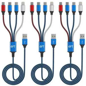 4-in-1 Multi Charging Cable (3-Pack, 6FT) - Dual USB-C, Lightning, Micro | Nylon Braided Phone Charger Cord. Universal USB Cable, Travel & Car Camping Essential for iPhone 17-8, iPad, Samsung, Android 4-in-1 Multi Charging Cable (3-Pack, 6FT) - Dual USB-C, Lightning, Micro | Nylon Braided Phone Charger Cord. Universal USB Cable, Travel & Car Camping Essential for iPhone 17-8, iPad, Samsung, Android