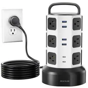 JACKYLED Power Strip Tower Surge Protector, 12 AC 6 USB (2 USB C), 1050J | 10Ft Retractable Extension Cord with Multiple Outlets, 1625W/13A Outlet Extender, USB Charging Station for Home Office Dorm JACKYLED Power Strip Tower Surge Protector, 12 AC 6 USB (2 USB C), 1050J | 10Ft Retractable Extension Cord with Multiple Outlets, 1625W/13A Outlet Extender, USB Charging Station for Home Office Dorm