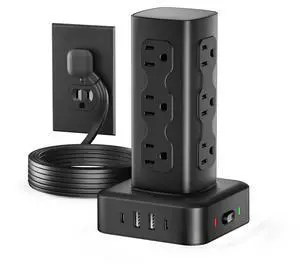 Power Strip Tower with 12 AC Outlets & 4 USB Ports(2 USB C), 6FT Cord | 16-in-1 Flat Plug Charging Station Tower , 6FT Extension Cord for Home Office Dorm, Black Power Strip Tower with 12 AC Outlets & 4 USB Ports(2 USB C), 6FT Cord | 16-in-1 Flat Plug Charging Station Tower , 6FT Extension Cord for Home Office Dorm, Black