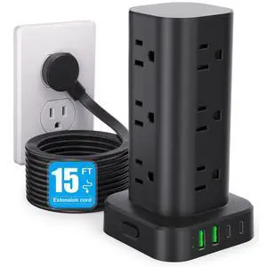 Power Strip Tower with Multiple Outlets, Flat Plug Surge Protector Tower Extension Cord with 12 AC Outlets 4 USB Ports (2 USB C), 15FT Cord Power Tower Surge Protector for Home Office Dorm Room, Black Power Strip Tower with Multiple Outlets, Flat Plug Surge Protector Tower Extension Cord with 12 AC Outlets 4 USB Ports (2 USB C), 15FT Cord Power Tower Surge Protector for Home Office Dorm Room, Black
