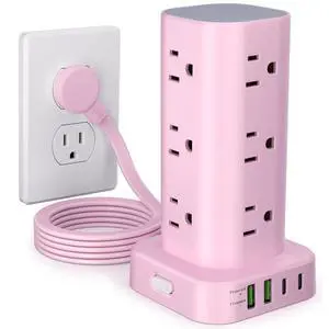 Power Strip Tower with Multiple Outlets, Flat Plug Surge Protector Tower Extension Cord with 12 AC Outlets 4 USB Ports (2 USB C), 6FT Cord Power Tower Surge Protector for Home Office Dorm Room, Pink Power Strip Tower with Multiple Outlets, Flat Plug Surge Protector Tower Extension Cord with 12 AC Outlets 4 USB Ports (2 USB C), 6FT Cord Power Tower Surge Protector for Home Office Dorm Room, Pink