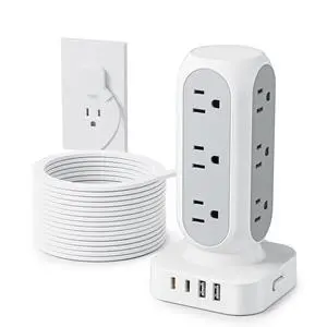 Flat Plug Power Strip Tower, TenTrend 40W Total Fast Charging Station, 15FT | 12 AC Outlets & 8 USB Ports (4 USB C), Dual PD 20W, 10FT Extension Cord for Desk Office Dorm Room Flat Plug Power Strip Tower, TenTrend 40W Total Fast Charging Station, 15FT | 12 AC Outlets & 8 USB Ports (4 USB C), Dual PD 20W, 10FT Extension Cord for Desk Office Dorm Room