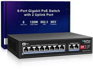 10 Port Gigabit PoE Switch with 8 Port PoE+ 1000Mbps, 2x1000Mbps Uplink, GiGaPlus 10 Port IEEE802.3af/at PoE @72W, Support VLAN, AI watchdog, Metal Housing, Desktop or Wall-Mount, Plug & Play 10 Port Gigabit PoE Switch with 8 Port PoE+ 1000Mbps, 2x1000Mbps Uplink, GiGaPlus 10 Port IEEE802.3af/at PoE @72W, Support VLAN, AI watchdog, Metal Housing, Desktop or Wall-Mount, Plug & Play