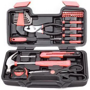 39-Piece Household Tool Set, pink Hand Kit With Storage Case | Complete assortment for home repairs, DIY projects, furniture setup, crafting, and daily household fixes in toolbox. 39-Piece Household Tool Set, pink Hand Kit With Storage Case | Complete assortment for home repairs, DIY projects, furniture setup, crafting, and daily household fixes in toolbox.