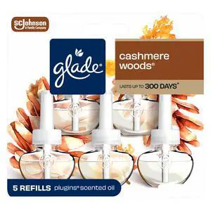 PlugIns Air Freshener Refills, Cashmere Woods, 5 Count | 0.67 fl oz Each, Includes 5 Refills, Scented and Essential Oils for Home and Bathroom Use, Fits Glade PlugIn Warmer PlugIns Air Freshener Refills, Cashmere Woods, 5 Count | 0.67 fl oz Each, Includes 5 Refills, Scented and Essential Oils for Home and Bathroom Use, Fits Glade PlugIn Warmer