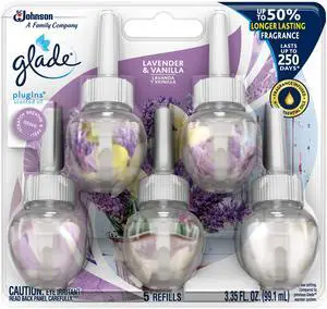 PlugIns Air Freshener Refills, Lavender & Vanilla, 5 Count | 0.67 fl oz Each, Includes 5 Refills, Scented and Essential Oils for Home and Bathroom Use, Fits Glade PlugIn Warmer PlugIns Air Freshener Refills, Lavender & Vanilla, 5 Count | 0.67 fl oz Each, Includes 5 Refills, Scented and Essential Oils for Home and Bathroom Use, Fits Glade PlugIn Warmer