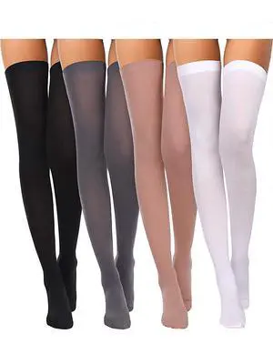4 Pcs Thigh High Stockings, Classic, Black, White, Skin, Grey, F Size | Sheer Nylon over Knee Stockings, Opaque Tights for Halloween Cosplay Party, Stretchy Hosiery, Non-slip Elastic Top Band 4 Pcs Thigh High Stockings, Classic, Black, White, Skin, Grey, F Size | Sheer Nylon over Knee Stockings, Opaque Tights for Halloween Cosplay Party, Stretchy Hosiery, Non-slip Elastic Top Band
