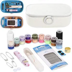 Sewing Kit with Case, Portable Sewing Box Organizer, Needle and Thread Kit with 20 Color Threads, Self Threading Needles, Scissors, Tape Measure, Buttons, Safety Pins for Adults, Travel, Home Sewing Kit with Case, Portable Sewing Box Organizer, Needle and Thread Kit with 20 Color Threads, Self Threading Needles, Scissors, Tape Measure, Buttons, Safety Pins for Adults, Travel, Home