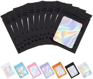 100 Pcs Holographic Mylar Bags,2.8x3.9 Black Resealable Bags with Clear Front Window for Food Storage Gift Jewelry Candy Small Business Packaging 100 Pcs Holographic Mylar Bags,2.8x3.9 Black Resealable Bags with Clear Front Window for Food Storage Gift Jewelry Candy Small Business Packaging