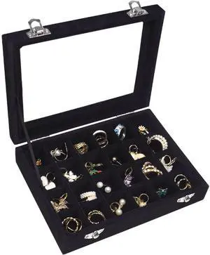 Velvet Jewelry Box 24 Grid Jewelry Ring Display Organiser Box Tray Holder Earrings Storage Case for Girls Wife Mom Women (Black) Velvet Jewelry Box 24 Grid Jewelry Ring Display Organiser Box Tray Holder Earrings Storage Case for Girls Wife Mom Women (Black)