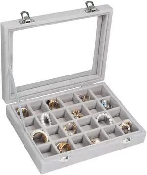 Velvet Jewelry Box 24 Grid Jewelry Ring Display Organiser Box Tray Holder Earrings Storage Case for Girls Wife Mom Women (Gray) Velvet Jewelry Box 24 Grid Jewelry Ring Display Organiser Box Tray Holder Earrings Storage Case for Girls Wife Mom Women (Gray)