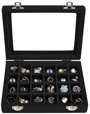 Velvet Jewelry Box 24 Grid Jewelry Earrings Display Organiser Box Ring Tray Holder Earrings Storage Case for Girls Women Wife Mom (Black) Velvet Jewelry Box 24 Grid Jewelry Earrings Display Organiser Box Ring Tray Holder Earrings Storage Case for Girls Women Wife Mom (Black)