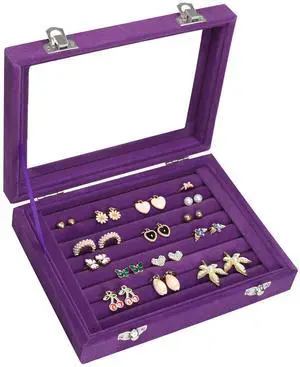 Rings Organizer Tray 7 Slots Velvet Jewelry Earring Storage Box | Jewelry Display Case with Transparent Lid for Girls Wife Mom Women (Purple) Rings Organizer Tray 7 Slots Velvet Jewelry Earring Storage Box | Jewelry Display Case with Transparent Lid for Girls Wife Mom Women (Purple)