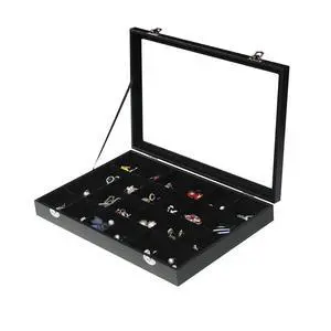 Jewelry Organizer Box, Black Velvet 24 Grids Ring Earring Jewelry Display Tray Case with Transparent Glass Lid for Home Drawer or Shop Selling Jewelry Organizer Box, Black Velvet 24 Grids Ring Earring Jewelry Display Tray Case with Transparent Glass Lid for Home Drawer or Shop Selling