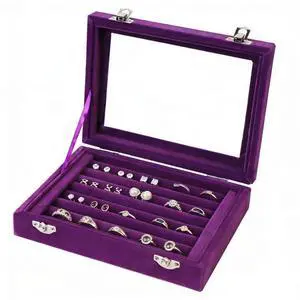 Jewelry Box Rings Organizer Tray 7 Slots Velvet Jewelry Earring Storage Box With Transparent Lid Jewelry Display Case for Girls Women (Purple) Jewelry Box Rings Organizer Tray 7 Slots Velvet Jewelry Earring Storage Box With Transparent Lid Jewelry Display Case for Girls Women (Purple)