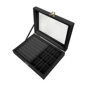 Clear Lid Velvet Jewelry Organizer Box with 9 Grids and 8 Slots for Rings Earrings Necklaces Tray Display Case, Black Clear Lid Velvet Jewelry Organizer Box with 9 Grids and 8 Slots for Rings Earrings Necklaces Tray Display Case, Black