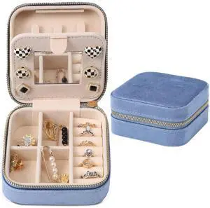 Velvet Travel Jewelry Box, Mini Travel Jewelry Case, Small Portable Travel Jewelry Organizer Box with Mirror for Women Girls (blue), 3-layer Velvet Travel Jewelry Box, Mini Travel Jewelry Case, Small Portable Travel Jewelry Organizer Box with Mirror for Women Girls (blue), 3-layer