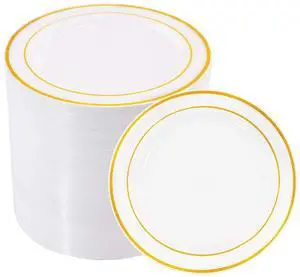 100Pieces Gold Plastic Plates - 6.25inch White with Gold Rim Disposable Salad/Dessert/Appetizer/Small Cake Plates Premium Hard - Ideal for Wedding, Party 100Pieces Gold Plastic Plates - 6.25inch White with Gold Rim Disposable Salad/Dessert/Appetizer/Small Cake Plates Premium Hard - Ideal for Wedding, Party
