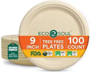 9 Inch Disposable Bagasse Paper Plates (100 Pack, Round) | Natural, Compostable, 100% Virgin Bagasse Pulp, Heavy Duty, Biodegradable, Microwave Safe, Food Safe, Eco-Friendly 9 Inch Disposable Bagasse Paper Plates (100 Pack, Round) | Natural, Compostable, 100% Virgin Bagasse Pulp, Heavy Duty, Biodegradable, Microwave Safe, Food Safe, Eco-Friendly