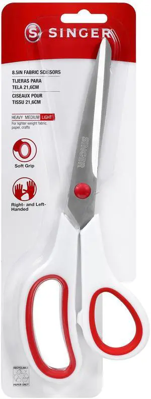 8.5" Fabric Scissors, Comfort Grip, Red & White, Dressmaker Shears | Stainless steel 8.5 inch dressmaker scissors cut any fabric smoothly; rubberized comfort grip, right and left-handed use 8.5" Fabric Scissors, Comfort Grip, Red & White, Dressmaker Shears | Stainless steel 8.5 inch dressmaker scissors cut any fabric smoothly; rubberized comfort grip, right and left-handed use