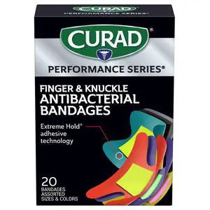 Performance Series Fingertip and Knuckle Antibacterial Bandages, Extreme Hold Adhesive Technology, Fabric Bandages, 20 Count Performance Series Fingertip and Knuckle Antibacterial Bandages, Extreme Hold Adhesive Technology, Fabric Bandages, 20 Count