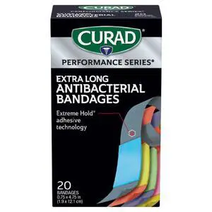 Performance Series Antibacterial Bandages, Extreme Hold Adhesive Technology, Extra Long Flexible Fabric Bandages for Cuts, Scrapes, & Burns, Assorted Colors, 0.75 x 4.75 inches Performance Series Antibacterial Bandages, Extreme Hold Adhesive Technology, Extra Long Flexible Fabric Bandages for Cuts, Scrapes, & Burns, Assorted Colors, 0.75 x 4.75 inches