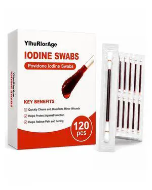 Povidone Iodine Swabs 10% Antiseptic Solution, 120 Count | Individually Wrapped, Cotton Swabsticks, Wound Care & First Aid, Cuts, Scrapes, Burns, Nasal Cleansing & Travel Povidone Iodine Swabs 10% Antiseptic Solution, 120 Count | Individually Wrapped, Cotton Swabsticks, Wound Care & First Aid, Cuts, Scrapes, Burns, Nasal Cleansing & Travel