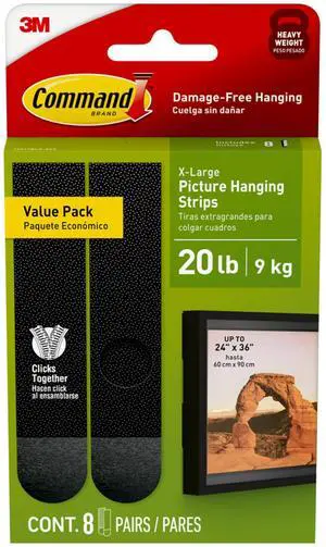 X-Large (20 lb) Picture Hanging Strips, 8 Pairs (16 Strips) | Black Picture Hanging Strips, Heavy Duty Damage-Free Wall Hangers, No Tools Required, Ideal for Decorating Apartments, Dorms X-Large (20 lb) Picture Hanging Strips, 8 Pairs (16 Strips) | Black Picture Hanging Strips, Heavy Duty Damage-Free Wall Hangers, No Tools Required, Ideal for Decorating Apartments, Dorms