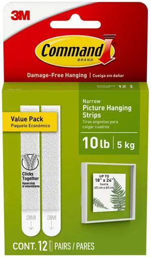 Narrow (10 lb) Picture Hanging Strips, 12 Pairs (24 Strips) | White Picture Hanging Strips, Damage-Free Wall Hangers for Frames, No Tools Required, Ideal for Decorating Apartments, Dorms Narrow (10 lb) Picture Hanging Strips, 12 Pairs (24 Strips) | White Picture Hanging Strips, Damage-Free Wall Hangers for Frames, No Tools Required, Ideal for Decorating Apartments, Dorms