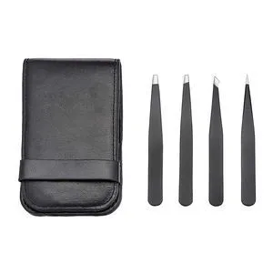 Tweezers for Facial Hair, Eyebrows, Eyelashes - Set of 4, Professional Stainless Steel with Travel Case, Black Tweezers for Facial Hair, Eyebrows, Eyelashes - Set of 4, Professional Stainless Steel with Travel Case, Black