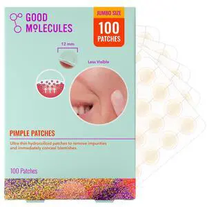Good Molecules Pimple Patches for Face, 100 Pack Ultra-Thin Hydrocolloid Patches, Invisible Under Makeup, Conceals Blemishes, Blackheads & Zits, Suitable for Acne-Prone Skin Good Molecules Pimple Patches for Face, 100 Pack Ultra-Thin Hydrocolloid Patches, Invisible Under Makeup, Conceals Blemishes, Blackheads & Zits, Suitable for Acne-Prone Skin