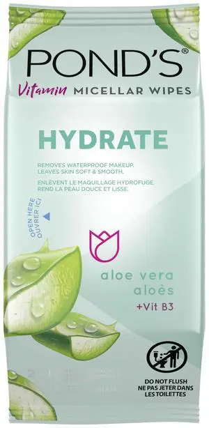 PONDS Micellar Makeup Remover Wipes, Removes Waterproof Mascara, with Aloe Vera & Vitamin B3, Alcohol-Free Facial Cleansing Wipes for Dry Skin, 25 Count PONDS Micellar Makeup Remover Wipes, Removes Waterproof Mascara, with Aloe Vera & Vitamin B3, Alcohol-Free Facial Cleansing Wipes for Dry Skin, 25 Count