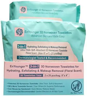 3-in-1 Makeup Removal Wipes 2x25 ct. Twin Pack for Higher Value, Ultra-Thick 3D Nonwoven for Instant Waterproof Makeup Removal, Cleansing & Hydration, Alcohol Free, Hypoallergenic, Scented 3-in-1 Makeup Removal Wipes 2x25 ct. Twin Pack for Higher Value, Ultra-Thick 3D Nonwoven for Instant Waterproof Makeup Removal, Cleansing & Hydration, Alcohol Free, Hypoallergenic, Scented