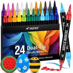 Acrylic Paint Markers, 24 Colors Dual Tip Fine & Brush Pens Set | For Rocks, Fabric, Wood, Glass & More, Perfect for DIY Crafts and Creative Art Projects with Bright, Smooth and Quick-Dry Ink Acrylic Paint Markers, 24 Colors Dual Tip Fine & Brush Pens Set | For Rocks, Fabric, Wood, Glass & More, Perfect for DIY Crafts and Creative Art Projects with Bright, Smooth and Quick-Dry Ink