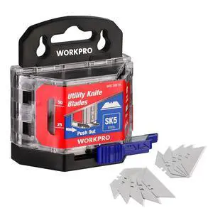 50-Pack Utility Knife Blades with Dispenser | SK5 Steel Standard Blades for Box Cutter, Suitable for Cardboard, Leather, Carpet, Rope, Soft Metal, Pipe, etc 50-Pack Utility Knife Blades with Dispenser | SK5 Steel Standard Blades for Box Cutter, Suitable for Cardboard, Leather, Carpet, Rope, Soft Metal, Pipe, etc