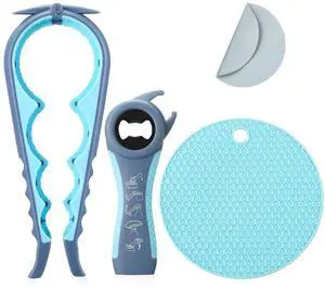 Jar Bottle Opener for Weak Hands,4 &5 in 1 Multi Function Non-Slip Can Lid Opener Tools with Silicone Jar Gripper Pad,Suitable for Seniors,Children and Arthritic Hands (Light Blue) Jar Bottle Opener for Weak Hands,4 &5 in 1 Multi Function Non-Slip Can Lid Opener Tools with Silicone Jar Gripper Pad,Suitable for Seniors,Children and Arthritic Hands (Light Blue)