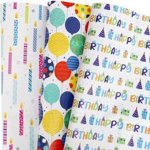 Birthday Wrapping Paper for Boys Girls Kids Men Women Holiday Party - 3 Large Sheets Colorful Balloon 'Happy Birthday' Candles Gift Wrap - 27 Inch X 39.4 Inch Per Sheet Birthday Wrapping Paper for Boys Girls Kids Men Women Holiday Party - 3 Large Sheets Colorful Balloon 'Happy Birthday' Candles Gift Wrap - 27 Inch X 39.4 Inch Per Sheet