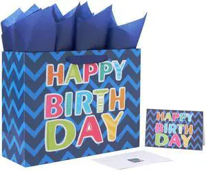 13" Large Blue Gift Bag Set with Greeting Card and White Tissue Papers (Laser Foil 'Happy Birthday') for Men's Birthday Party, Boys' or Kids' Parties, Baby Boy - 13x5.2x10.2, 1 Pcs. 13" Large Blue Gift Bag Set with Greeting Card and White Tissue Papers (Laser Foil 'Happy Birthday') for Men's Birthday Party, Boys' or Kids' Parties, Baby Boy - 13x5.2x10.2, 1 Pcs.