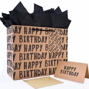 Birthday Gift Bag, Kraft Paper Large Gift Bag, Classic Black Lettering Design Happy Birthday Bag Set with Greeting Card, Tag, Envelope & Tissue Paper for Men, Boys, Kid Birthday Gift Bag, Kraft Paper Large Gift Bag, Classic Black Lettering Design Happy Birthday Bag Set with Greeting Card, Tag, Envelope & Tissue Paper for Men, Boys, Kid